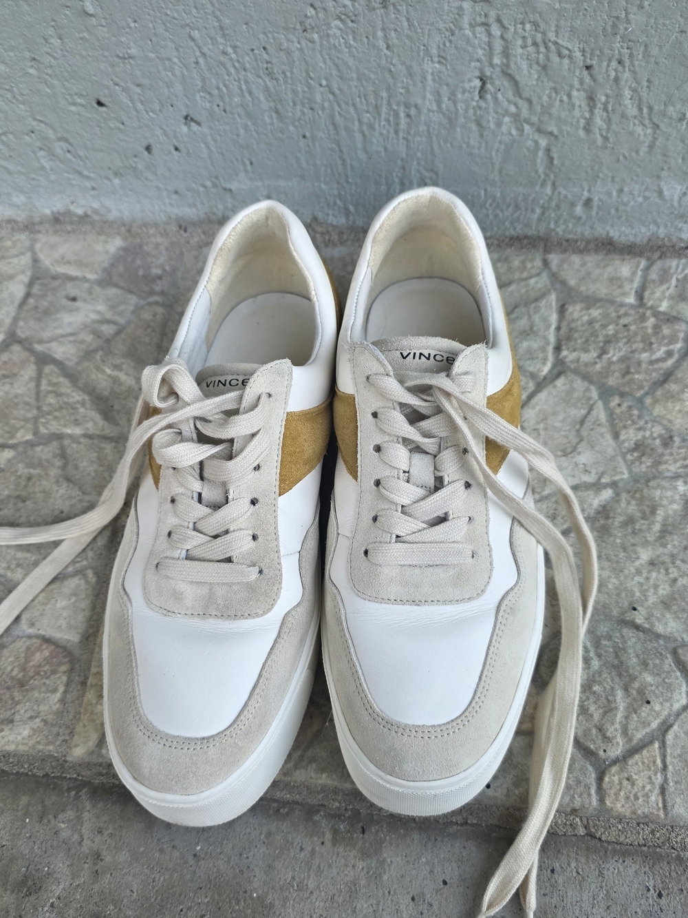 Vince White Sneakers with Tan Suede Stripe